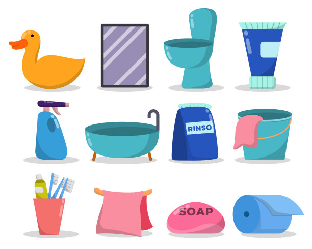一套元素在浴室和厕所卡通矢量图片下载
