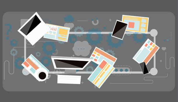 桌面工作透视顶部。创意及概念创意插画业务。，成功，计划，思考，搜索，分析，沟通，未来理念创新技术。图片下载