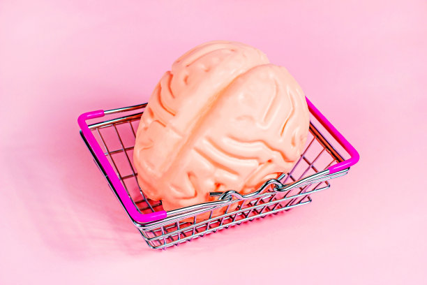 亮粉色的人脑放在金属购物篮里，品红色的背景。教育、精明购买、商业创意理念图片下载