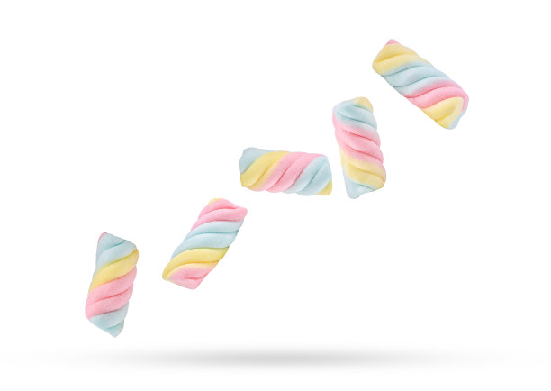 五彩缤纷的棉花糖糖落在空中孤立在白色图片下载