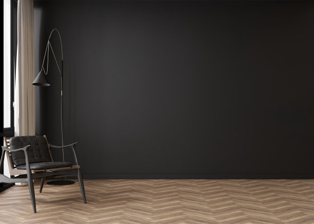 房间镶木地板，黑色的墙壁和空的空间。扶手椅,灯。模型内部。免费，复制空间为您的家具，图片，装饰等物品。3 d渲染。图片下载