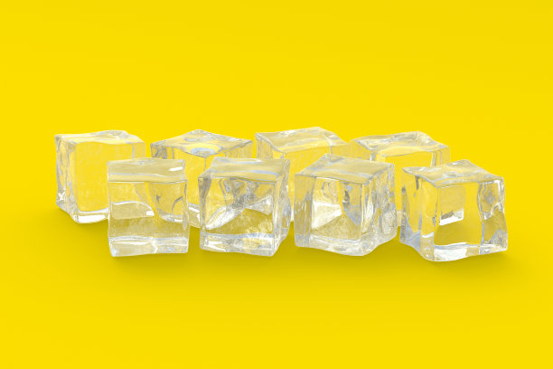 在黄色背景上分散的冰块。冷饮料。清凉饮料成分。三维渲染图片下载