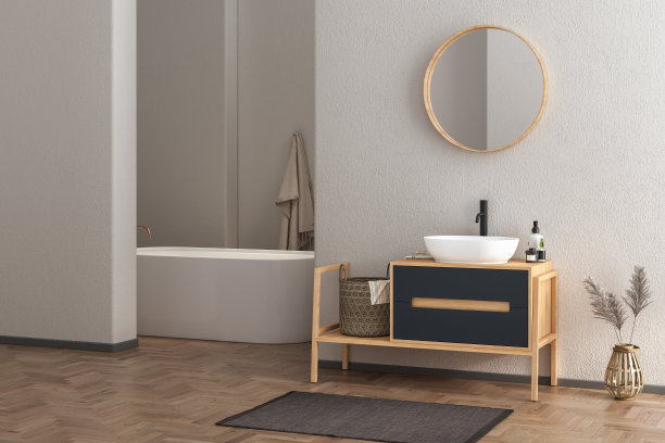 现代浴室内部有白色的墙壁，木地板，浴缸，干燥的植物图片下载