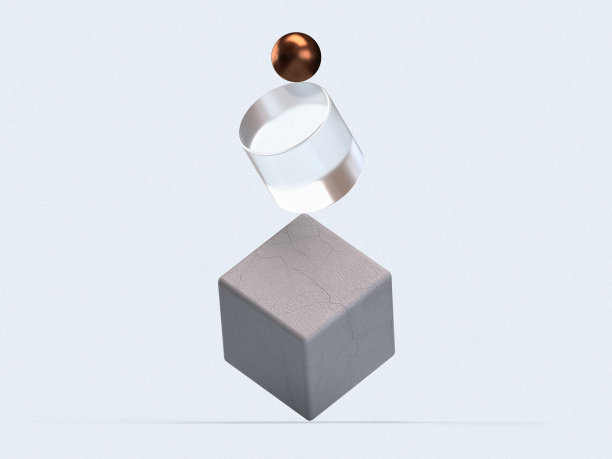 不同材质的3D渲染图。在浅色背景上具有几何形状的最小抽象场景。平衡构图中的一组几何形状。图片下载