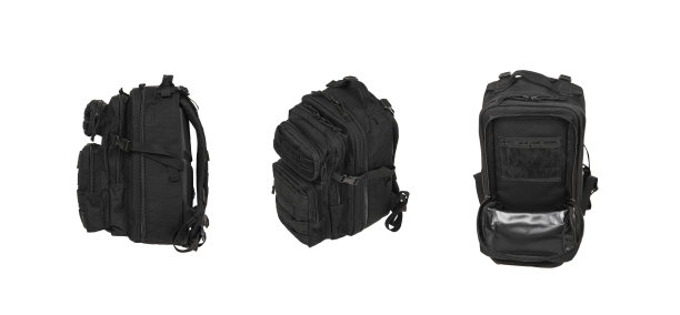 现代战术双肩包拉链和额外的口袋。大安全包。在白色背景上隔离。图片下载