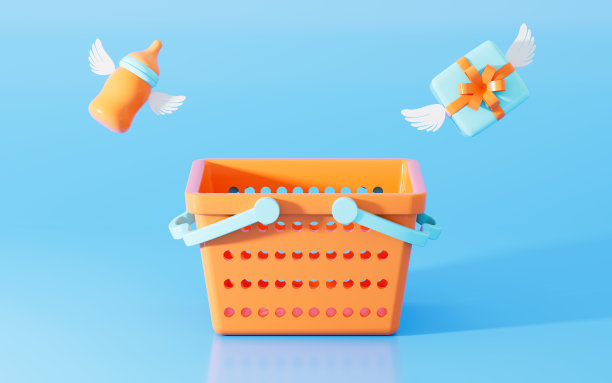 蓝色背景的空购物篮，3d渲染。图片下载