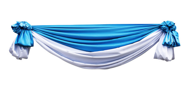 剧院舞台内表演活动的蓝白帷幕，白色背景隔离，有裁剪路径图片下载