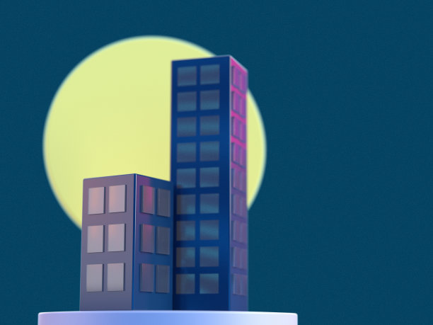 带有夜间设置的3D渲染插图。深蓝色背景上两座高大的城市建筑的最小抽象场景。房地产、市场和住宅的插图。图片下载