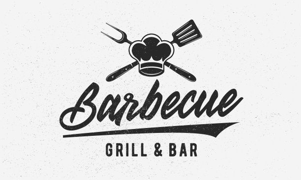 烧烤餐厅-复古的标志概念。烧烤标志，带厨师帽的烧烤架，烧烤叉和锅铲。烧烤标志，海报，邮票模板与grunge纹理。矢量图图片下载