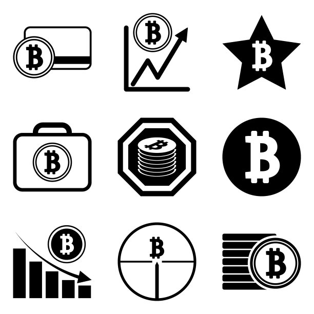 12个扁平风格的比特币图标，白色背景图片下载
