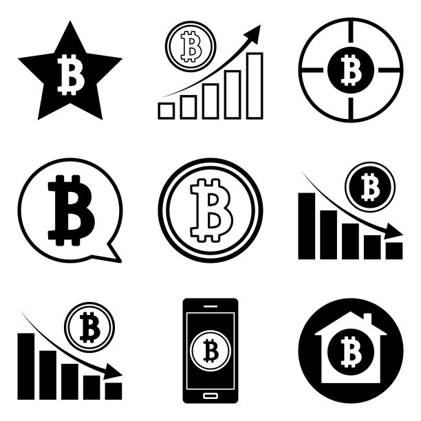 12个扁平风格的比特币图标，白色背景图片下载