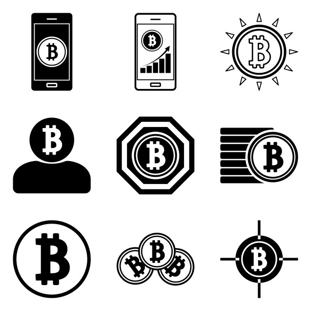 12个扁平风格的比特币图标，白色背景图片下载