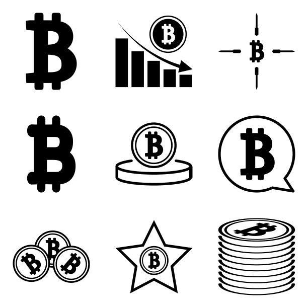 12个扁平风格的比特币图标，白色背景图片下载