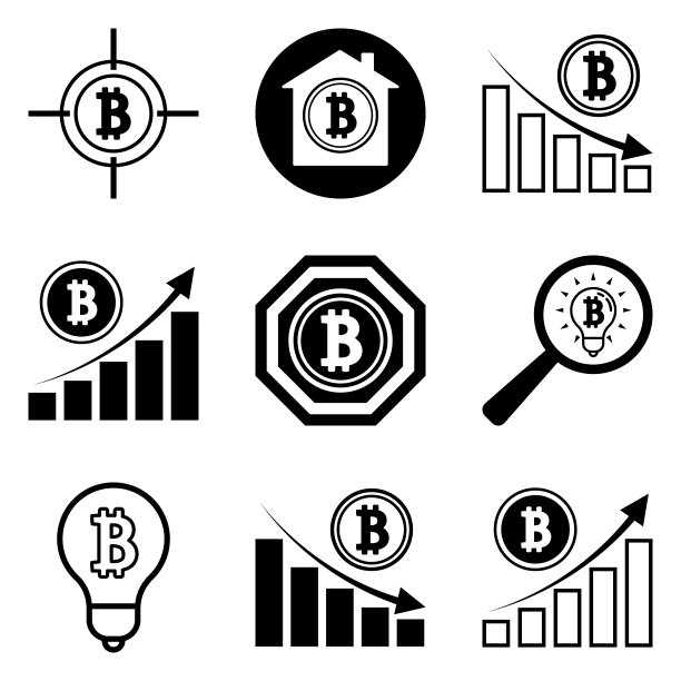 12个扁平风格的比特币图标，白色背景图片下载