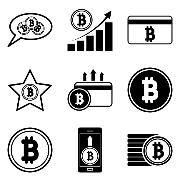 12个扁平风格的比特币图标，白色背景图片下载