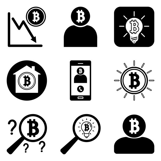 12个扁平风格的比特币图标，白色背景图片下载