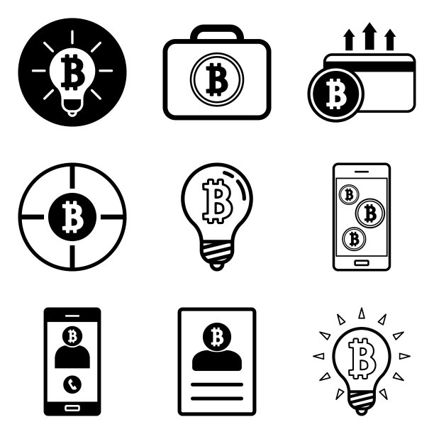 12个扁平风格的比特币图标，白色背景图片下载