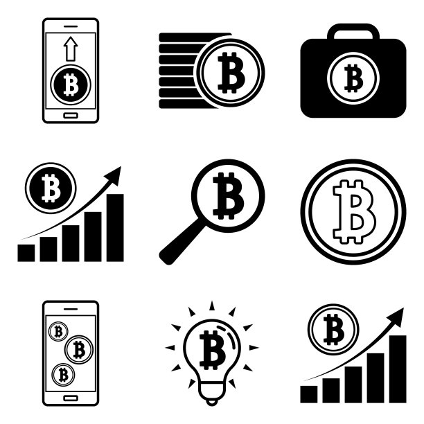 12个扁平风格的比特币图标，白色背景图片下载