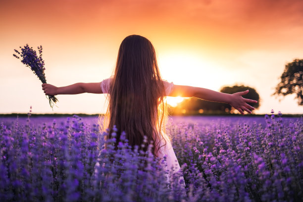 快乐的小女孩穿着裙子，享受薰衣草田和花束图片下载