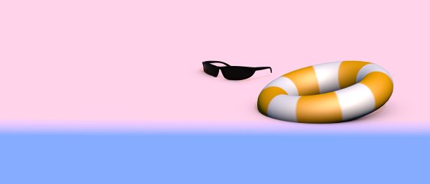 沙滩上的太阳镜和充气戒指。抽象的插图。与文本的地方。三维渲染图片下载
