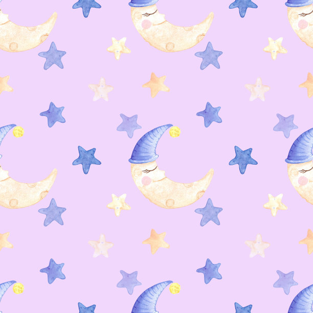 手绘水彩月亮和星星无缝图案儿童纺织品。剪贴簿设计，排版海报，标签，横幅，明信片。图片下载