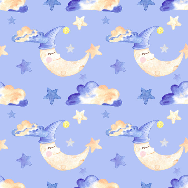 手绘水彩月、云、星无缝图案儿童纺织品。剪贴簿设计，排版海报，标签，横幅，明信片。图片下载