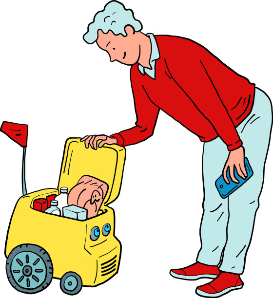 一个男人和一个像宠物一样的送餐机器人图片下载