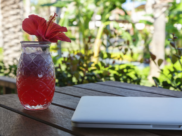 一杯红色酒精鸡尾酒和桌上的笔记本电脑图片下载