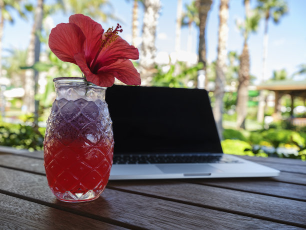 一杯红色酒精鸡尾酒和桌上的笔记本电脑图片下载