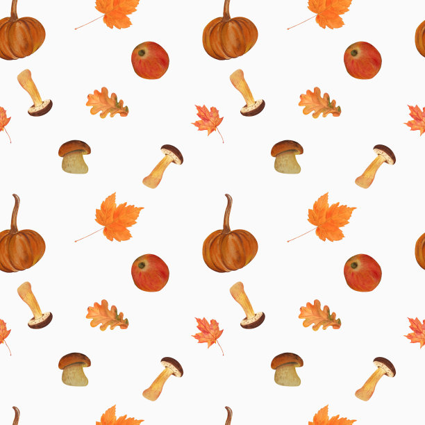无缝水彩蘑菇插图图案，南瓜，不同的叶子。在白色背景上。秋季插图，手绘。完美的卡片设计，邀请，剪贴簿，织物印刷。图片下载