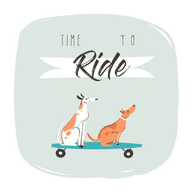 手绘矢量卡通画夏天时间有趣的插画海报与骑狗在滑板和现代排版引用时间骑孤立在白色背景图片下载