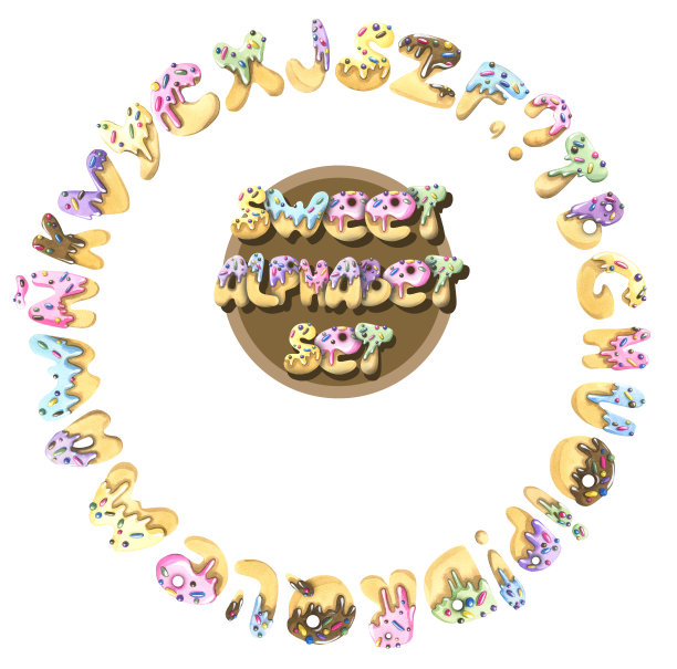 一大套甜饼，上面有拉丁字母，英语，西班牙语的图案。冰淇淋套装的水彩插图。用于装饰设计、构图。图片下载