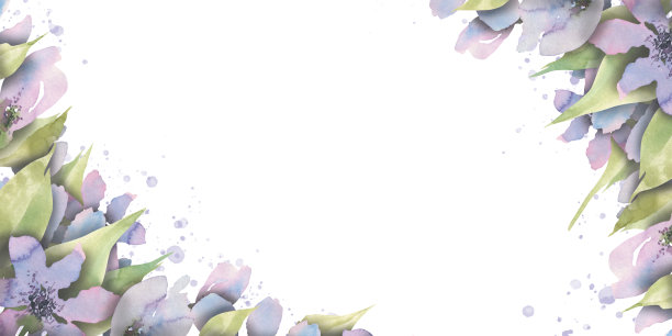 由精致的紫色花朵制成的横向框架。水彩插图。负责请柬、证书、广告、广告、横幅、网站、名片、标签的注册和设计图片下载