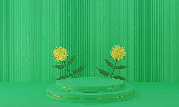 绿色的工作室房间里有向日葵背景的绿色讲台。3 d渲染。图片下载