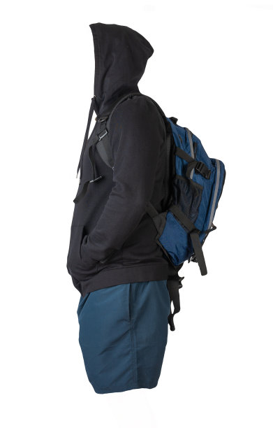 背包，运动衫，白色背景的短裤。图片下载