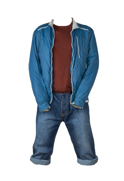 牛仔蓝色短裤，毛衣和夹克上的拉链孤立在白色背景图片下载