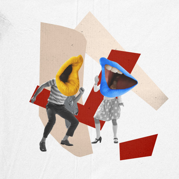 当代艺术拼贴。一对夫妇，男人和女人张大嘴巴，而不是在抽象的背景上低头。复古概念复古风格，超现实主义图片下载