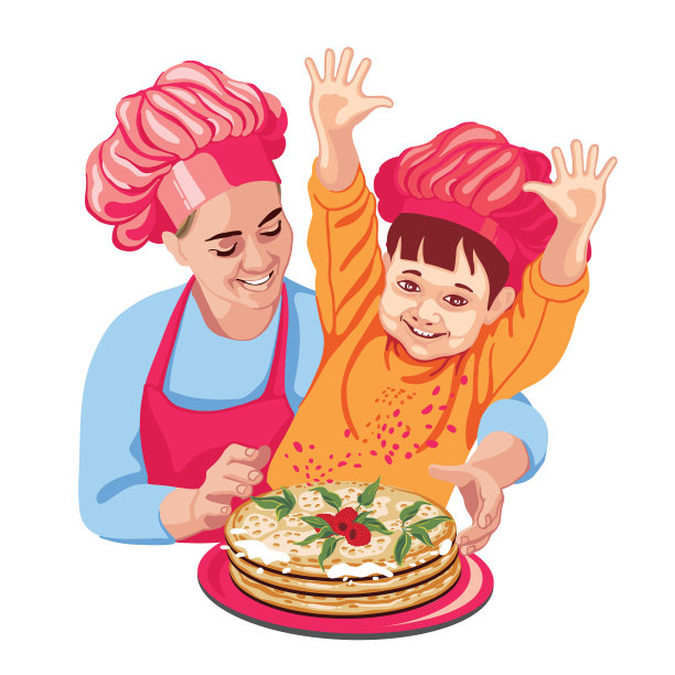 母子俩在厨师的帽子里欢腾图片下载