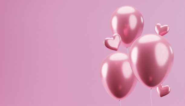 爱心符号和粉色气球背景模板。三维对象图片下载