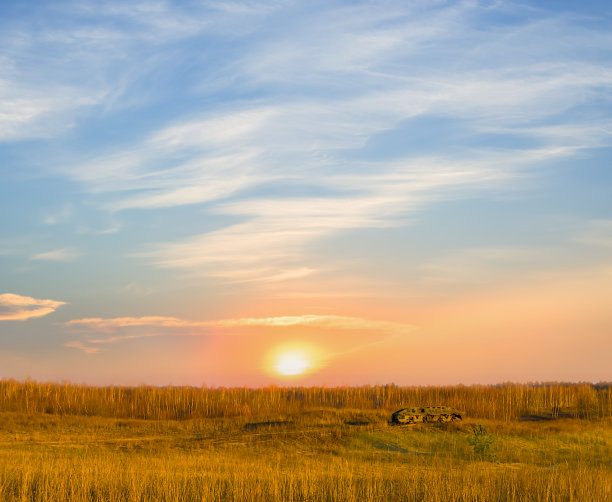 受损的装甲运兵车停留在夕阳下的草原上图片下载