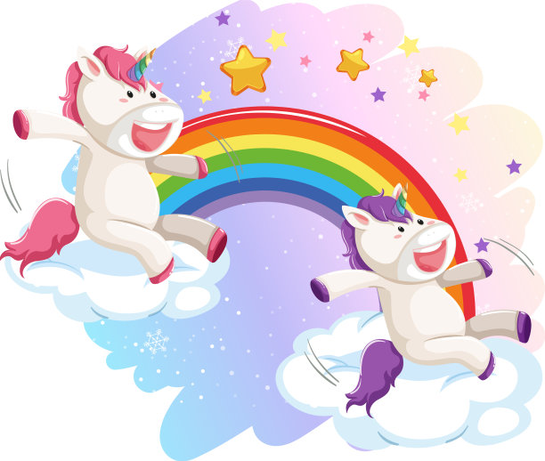 两只独角兽带着彩虹站在云端图片下载