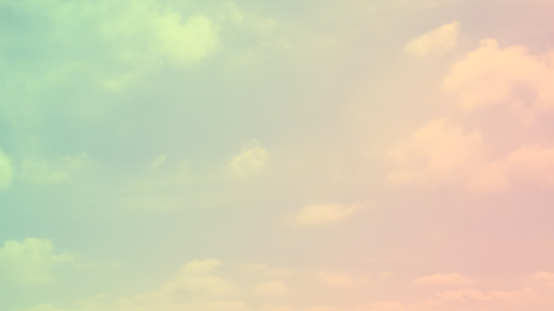 绿色粉红色的太阳，云，天空，粉彩背景。图片下载