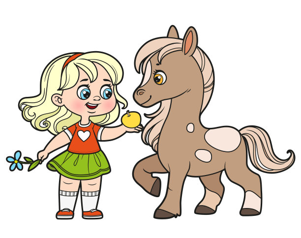 可爱的卡通女孩拿着一个苹果和一个篮子图片下载