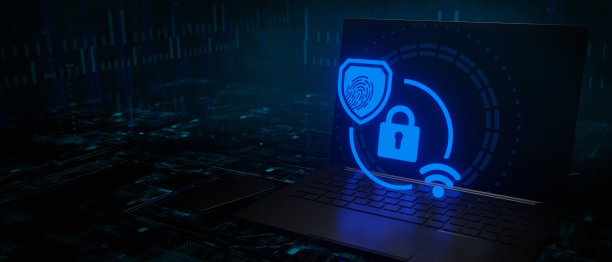 指纹屏蔽数字防盗锁发光图标在笔记本电脑技术背景3D渲染图片下载