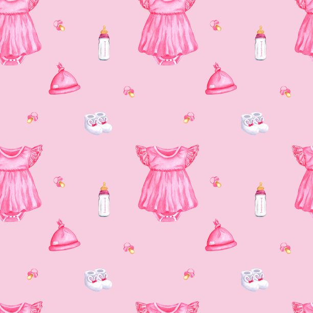 水彩无缝图案小女孩与紧身衣，靴子，瓶子，星星，奶嘴。完美的纺织品，印刷，贺卡，包装纸，墙纸图片下载