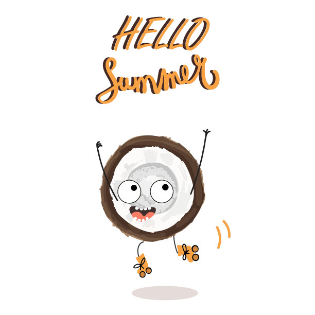 矢量插画人物，半椰子卡通人物滑旱冰。上面写着“你好，夏天”。夏日时光，夏日氛围，水果，有机物。夏天的t恤设计。图片下载
