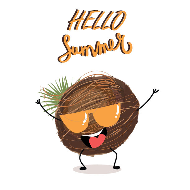 矢量插画人物，卡通人物开朗的椰子戴着墨镜。上面写着“你好，夏天”。夏日时光，夏日氛围，水果，有机物。夏天的t恤设计。图片下载