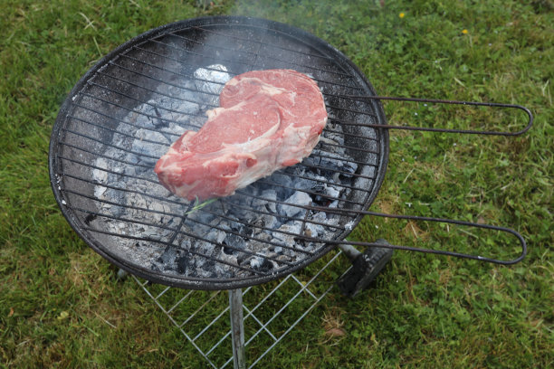 牛肉片配粗盐和迷迭香，准备上烧烤架图片下载