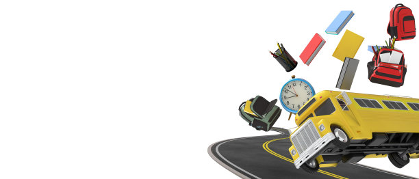 回到学校。黄色在线教育路上的校车和书，闹钟，背包，铅笔，钢笔孤立在白色背景。横幅设计，复制空间，数字，网站-3d渲染图片下载