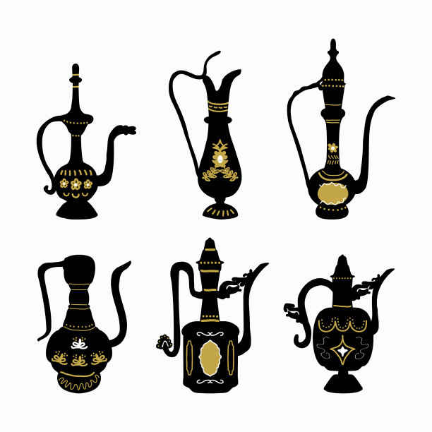 黑色墨水剪影摩洛哥茶壶设置图片下载